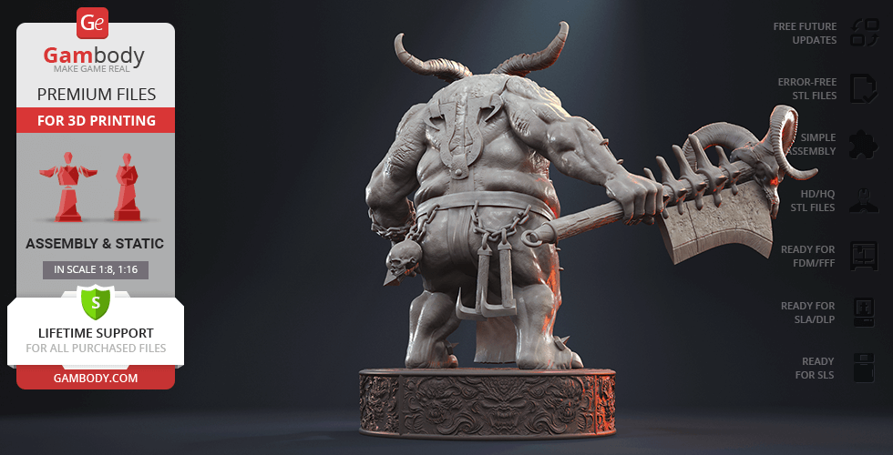 A muscular, horned creature with a large cleaver, standing on a detailed base.