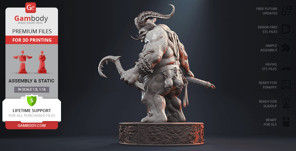 A muscular creature with horns and a cleaver, posed on a decorated base, ready for 3D printing.