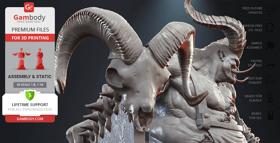A detailed 3D model of a muscular, horned creature with menacing features for 3D printing.