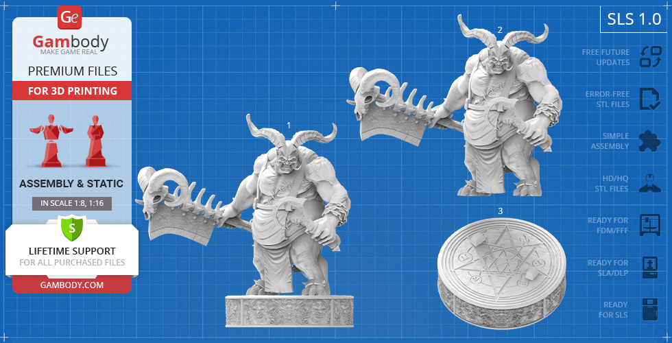 A muscular, horned creature with a massive weapon, ready for 3D printing; includes a detailed base.