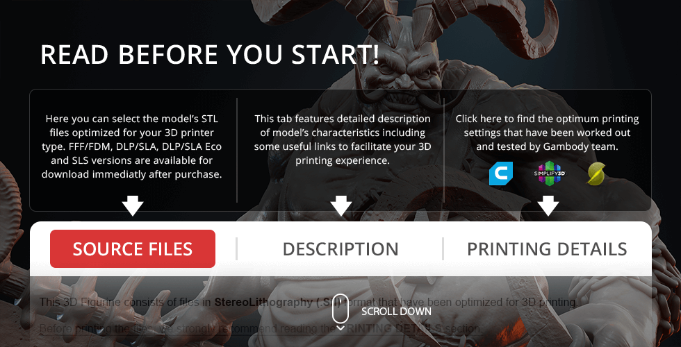 A demonic creature from Diablo IV is displayed behind download options for 3D printing details and files.