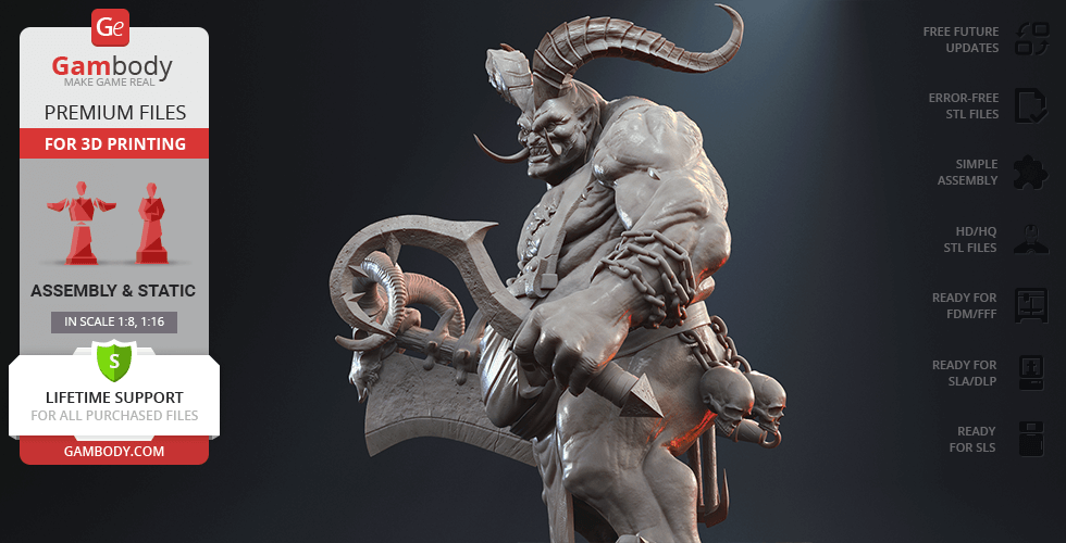 A muscular demon figure with horns and holding a large axe, designed for 3D printing.