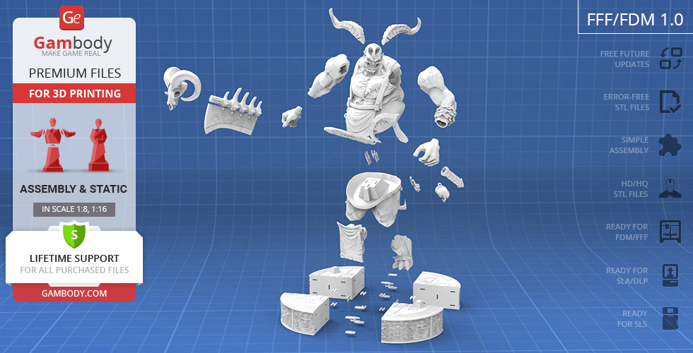 A 3D printable model of The Butcher from Diablo IV, disassembled into several detailed parts.