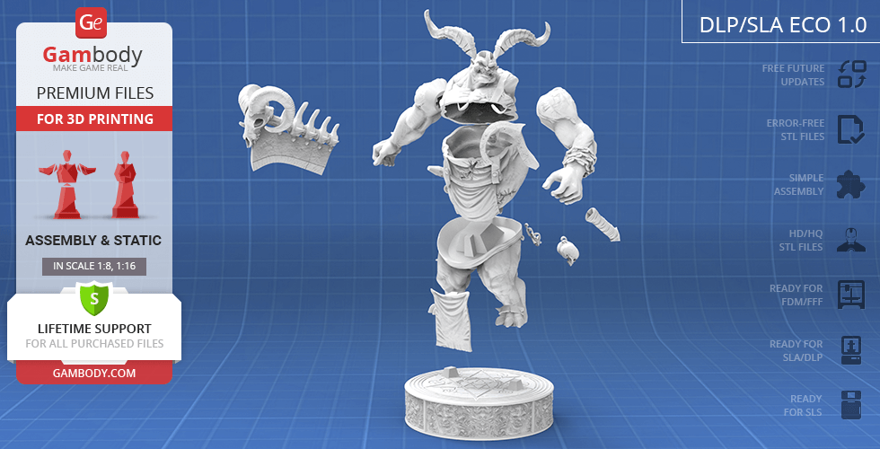 A detailed 3D model of a horned, muscular creature with an axe, disassembled for printing.