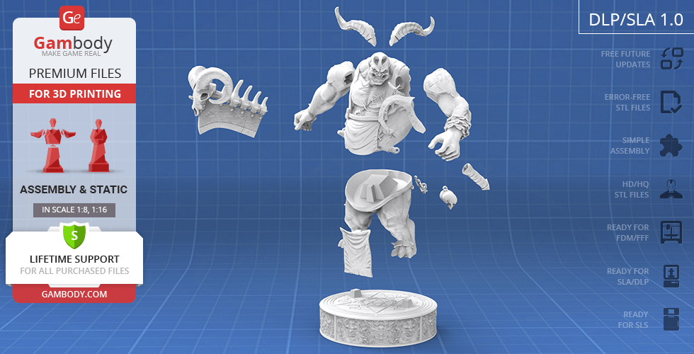 Detailed 3D model of a horned, muscular creature for printing, displayed in multiple assembly parts.