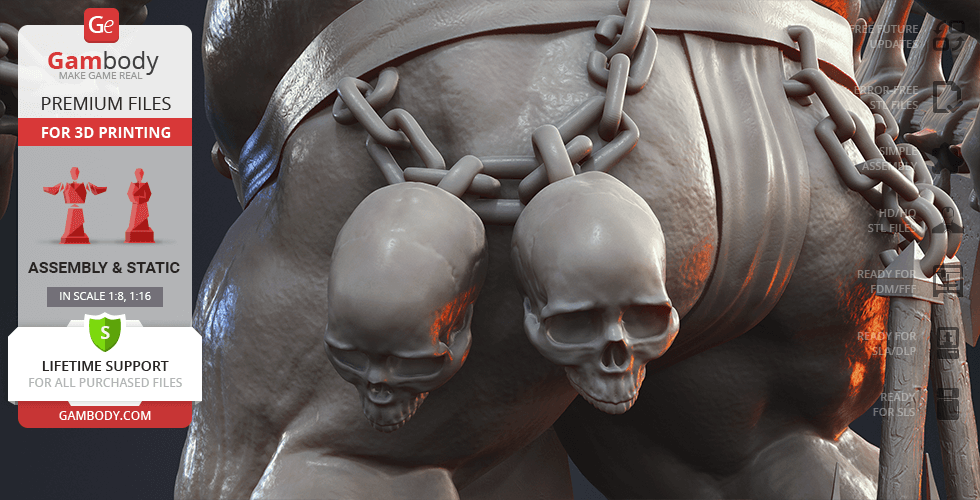 A detailed 3D model of a character with skulls and chains, designed for 3D printing from Gambody.