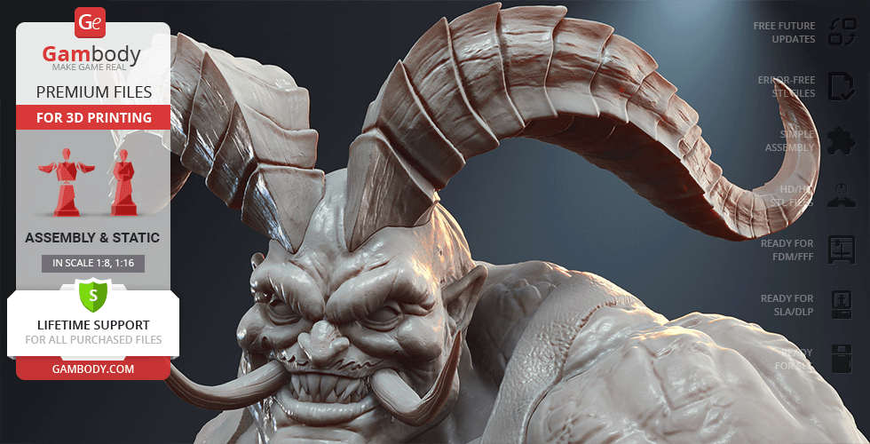 A menacing creature with large, curved horns and a menacing expression, designed for 3D printing.
