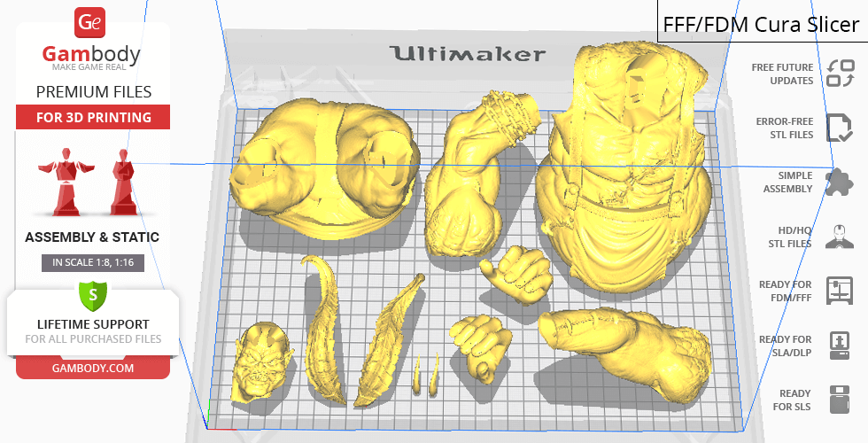 3D printable parts of a muscular creature with horns, claws, and various body segments on a gridded platform.