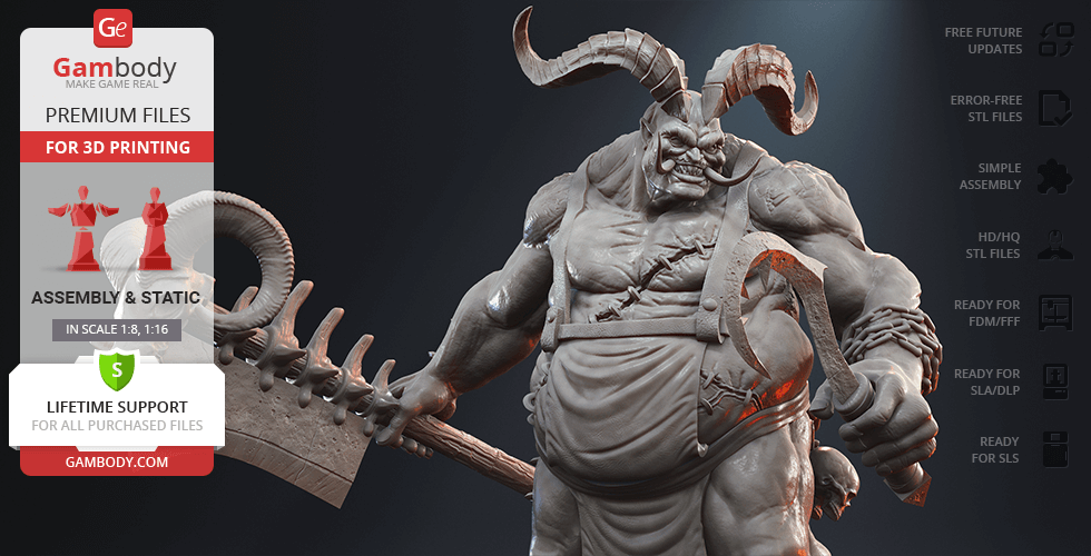 A detailed 3D model of a muscular, horned creature with an apron, holding a large cleaver.