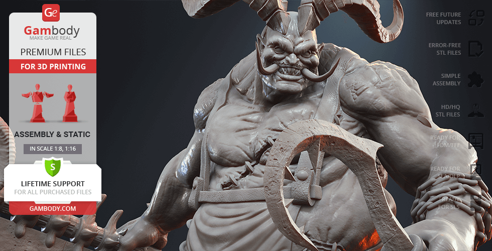 A muscular demon-like figure with horns, detailed anatomy and a menacing expression, ready for 3D printing.