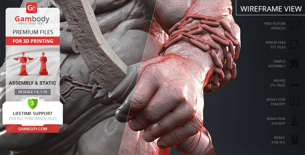 A detailed 3D model showing the muscular arm of The Butcher from Diablo IV, with veins and chains visible.