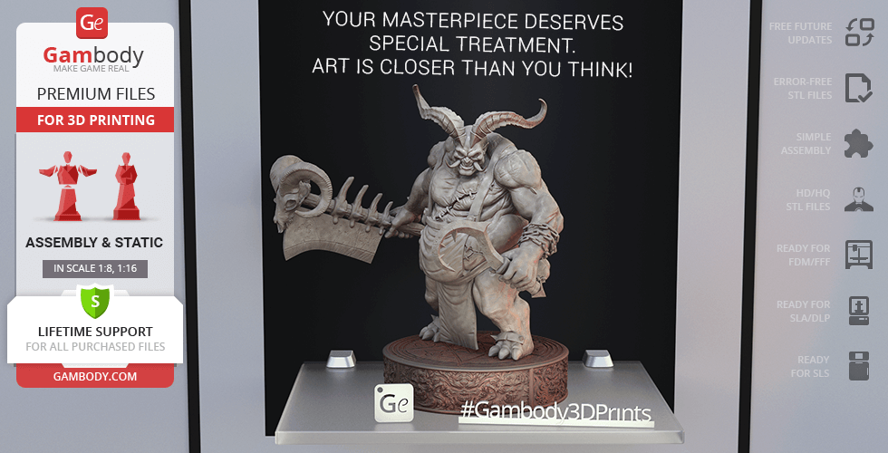 A muscular demon creature with horns, wielding a large weapon, showcased for 3D printing.