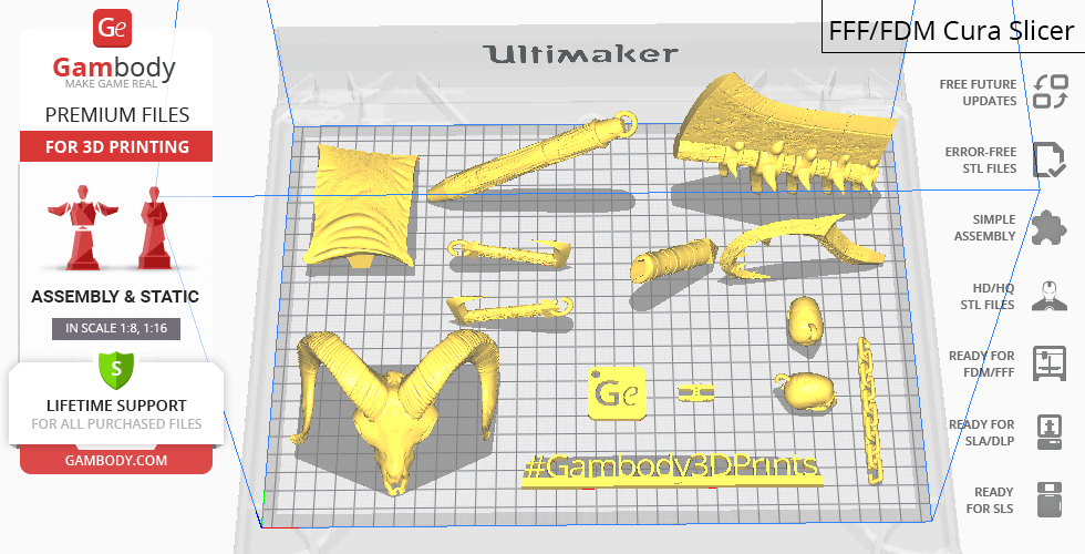 Collection of 3D printable parts for 'The Butcher' from Diablo IV, displayed in a slicing software.