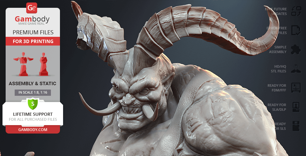 A detailed 3D model of a muscular, horned creature with tusks, designed for 3D printing.