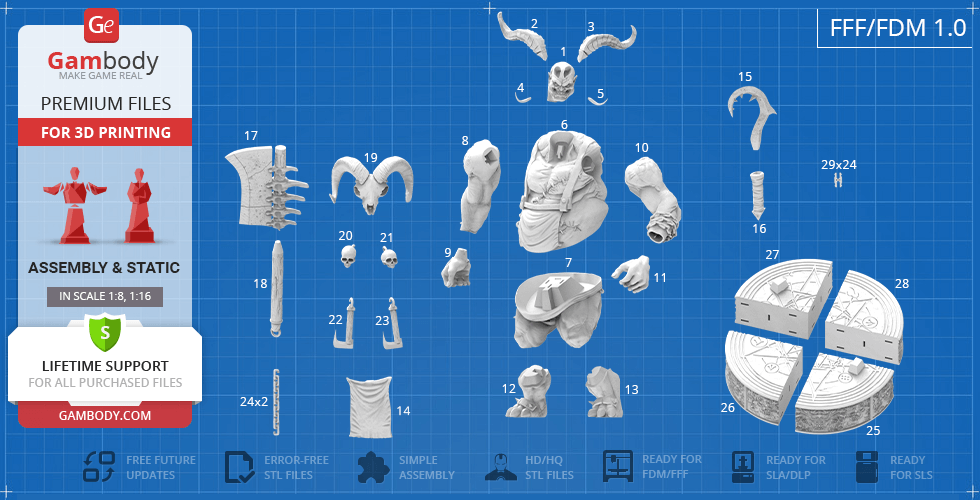3D model parts for 'The Butcher' from Diablo IV, arranged for printing with various components labeled.