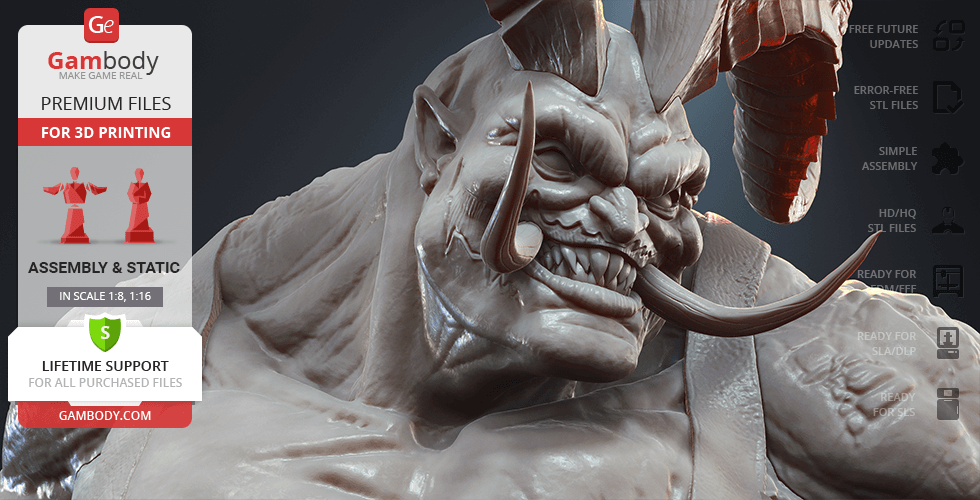 A detailed 3D model of a monstrous character with horns and tusks, promotion for 3D printing files.
