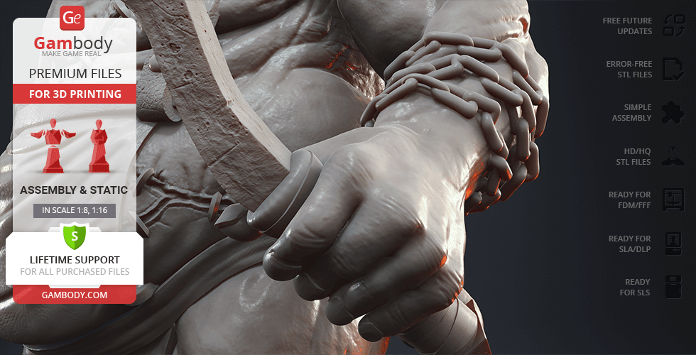 A close-up of a muscular arm wrapped in chains from a 3D model for printing.