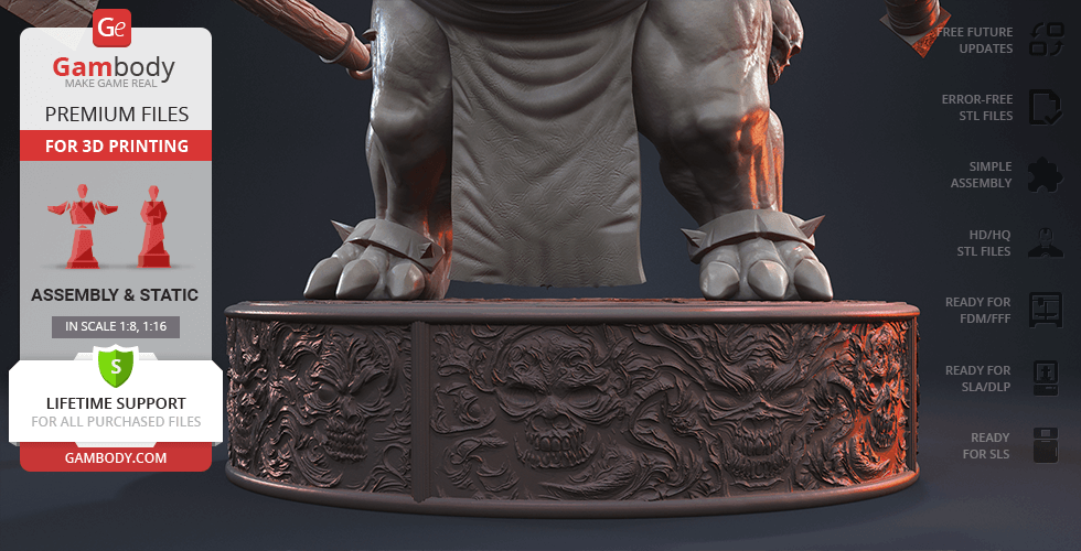 A detailed 3D model of a muscular creature's legs standing on a decorated base, surrounded by product info.