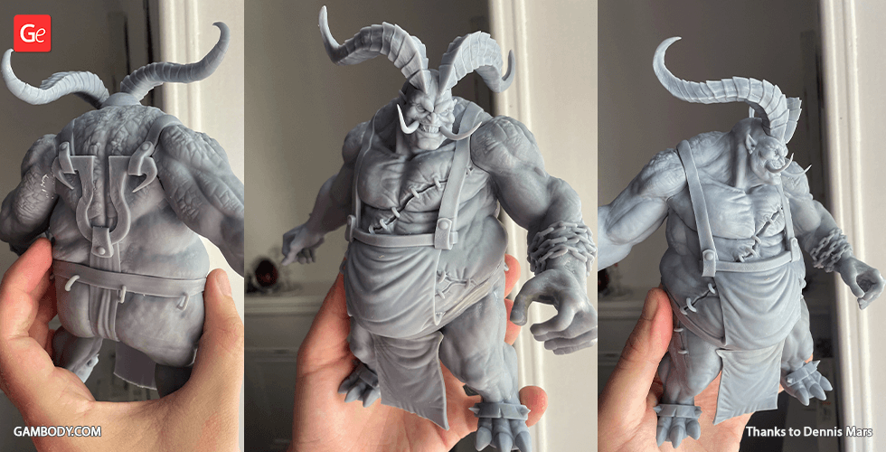 A detailed 3D-printed model of a muscular, horned demon with an apron, depicted from different angles.