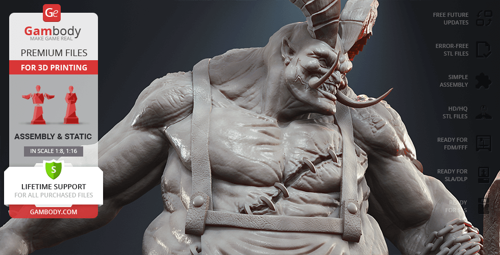 A detailed 3D model of a muscular, horned creature, ready for 3D printing, shown on Gambody’s platform.
