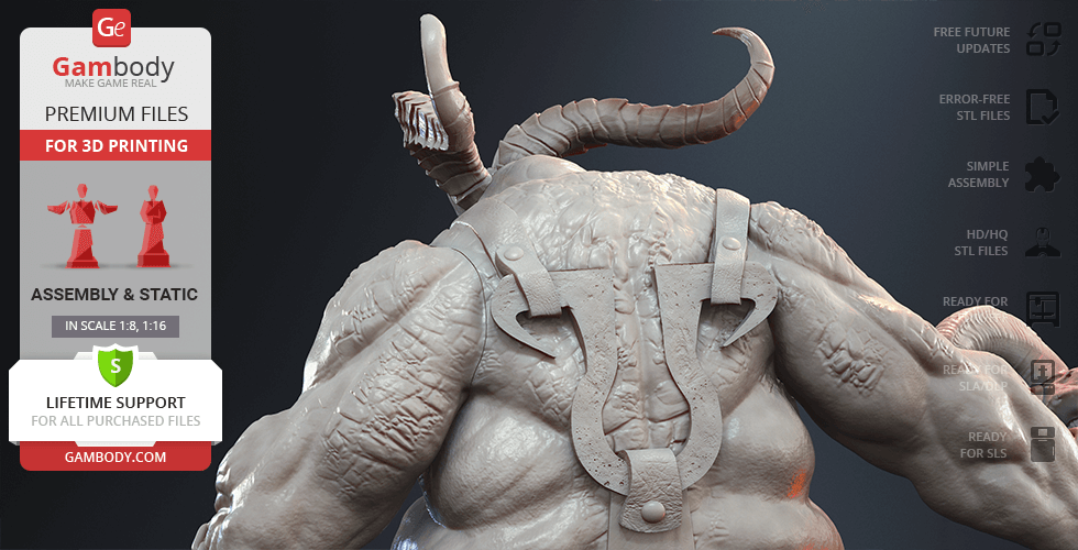 Muscular humanoid with horns and straps, viewed from the back. Text promoting Gambody 3D printing files.
