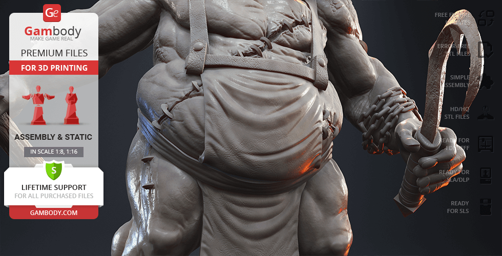 A muscular figure with a large apron and weapon, showcasing detailed texture work for 3D printing.