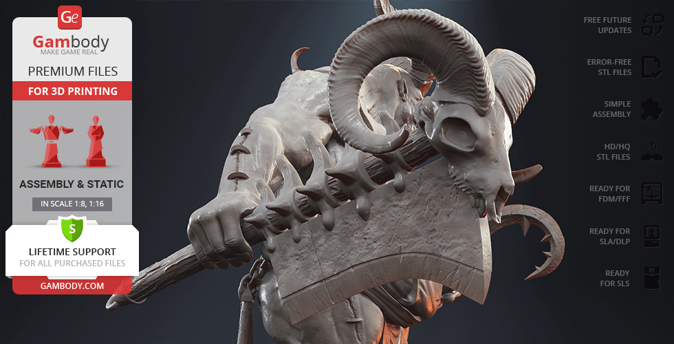 A detailed 3D model of The Butcher from Diablo IV with a horned skull helmet and large weapon.