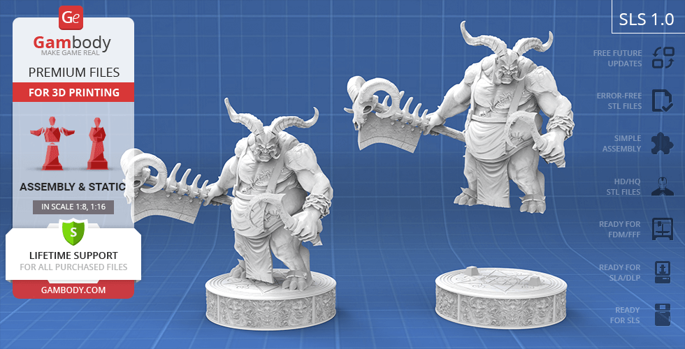A 3D-printed model of a muscular, horned creature holding a giant cleaver, displayed on a detailed base.