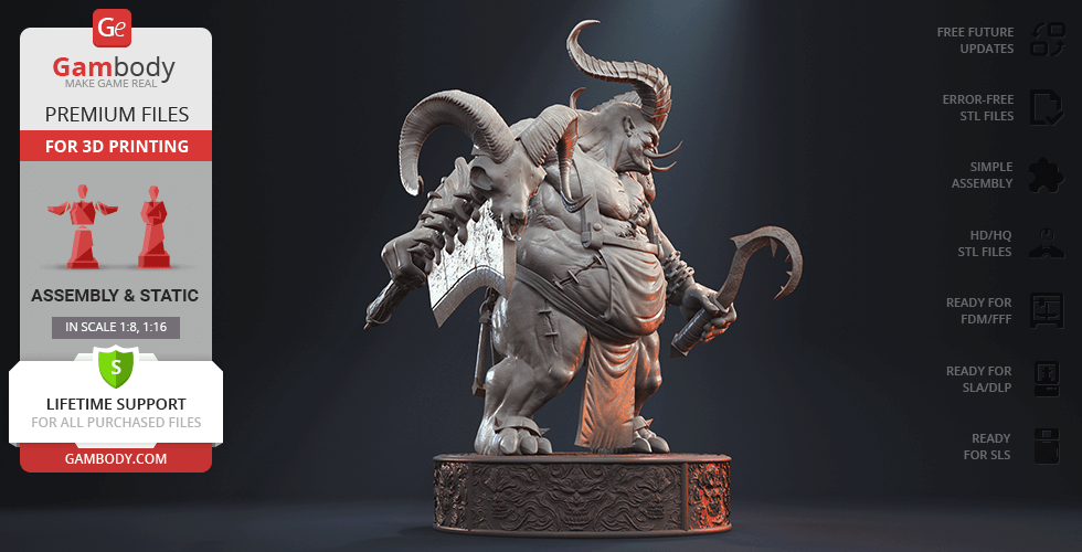 A menacing, muscular creature with large horns and weapons, standing on a detailed base.