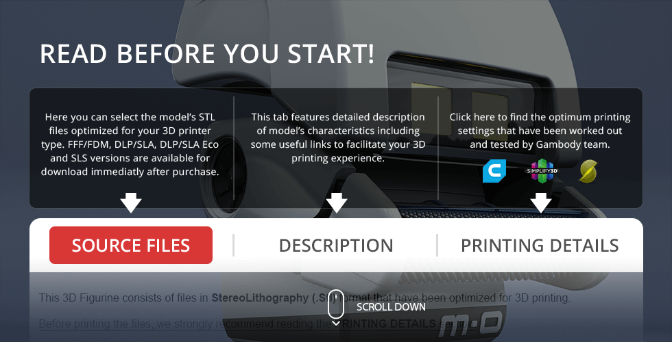 Robot figurine STL files for 3D printing, with options and descriptions for optimal setup.