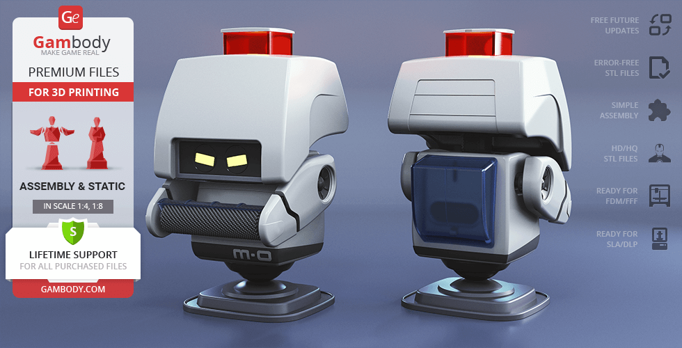 3D model of M-O from WALL-E, showing front and back views, designed for 3D printing by Gambody.