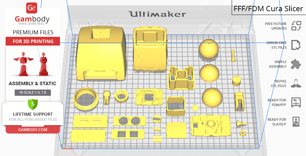 3D printing layout of M-O from WALL-E, showing various parts for assembly.