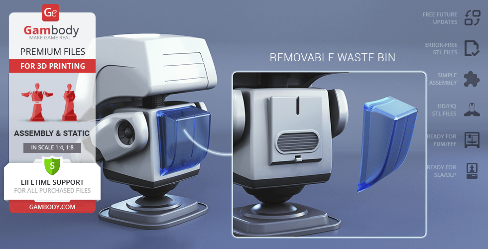 3D model of M-O from WALL-E, featuring a removable waste bin, designed for printing.