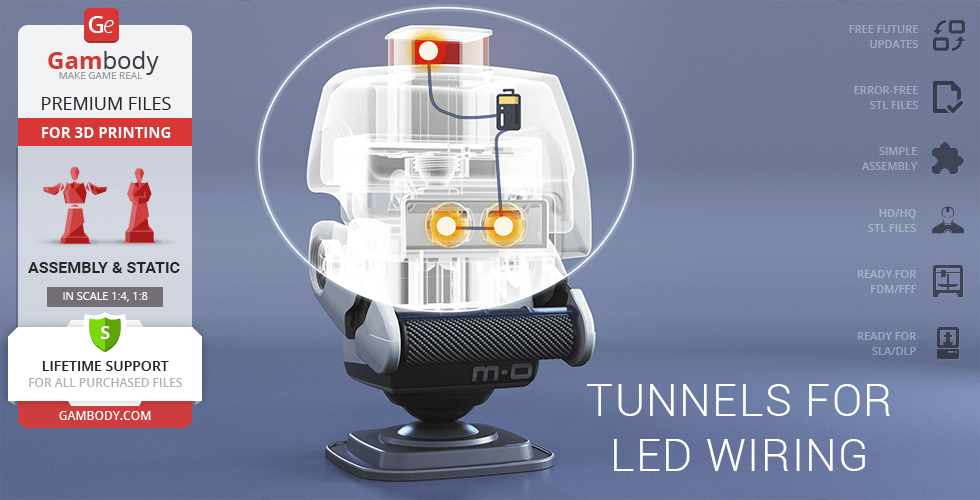 A 3D model of M-O from WALL-E, designed for LED wiring, shown with internal structure visible.