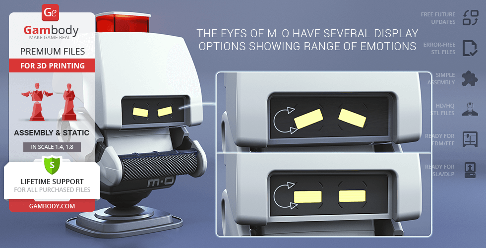 3D printable M-O robot model from WALL-E, showing multiple eye expressions.