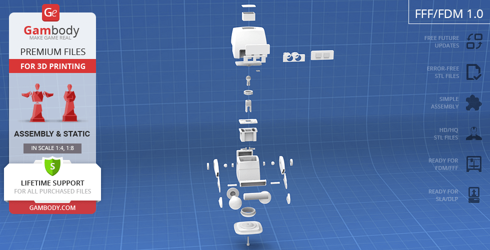 Exploded view of M-O WALL-E 3D model parts on a blue grid background.