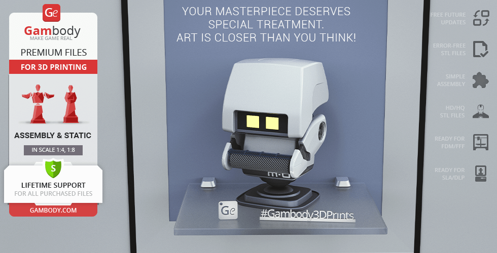 A 3D model of M-O from WALL-E on display, designed for 3D printing with detailed features.