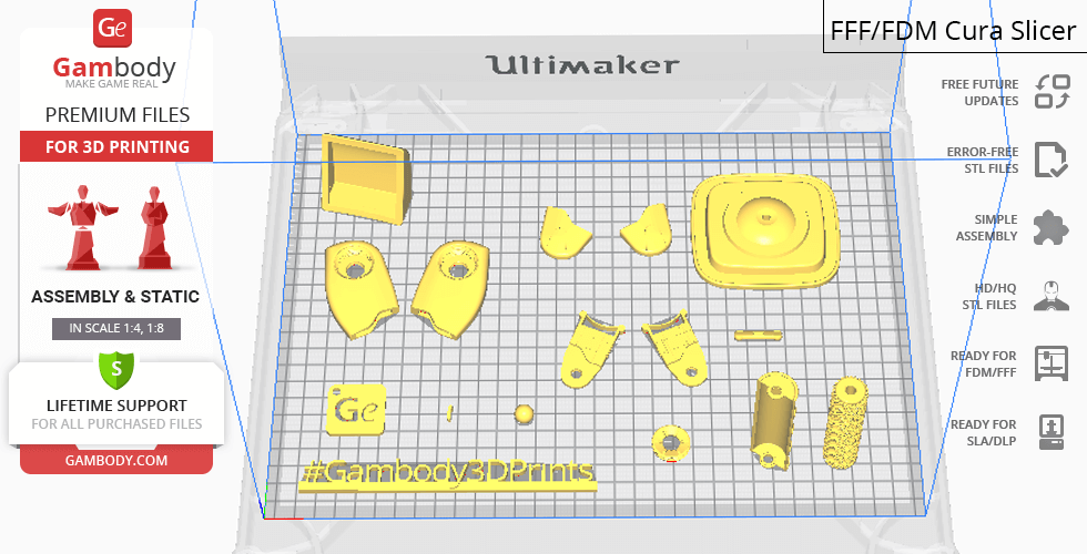 3D printing layout of M-O WALL-E parts displayed in Cura slicer software.