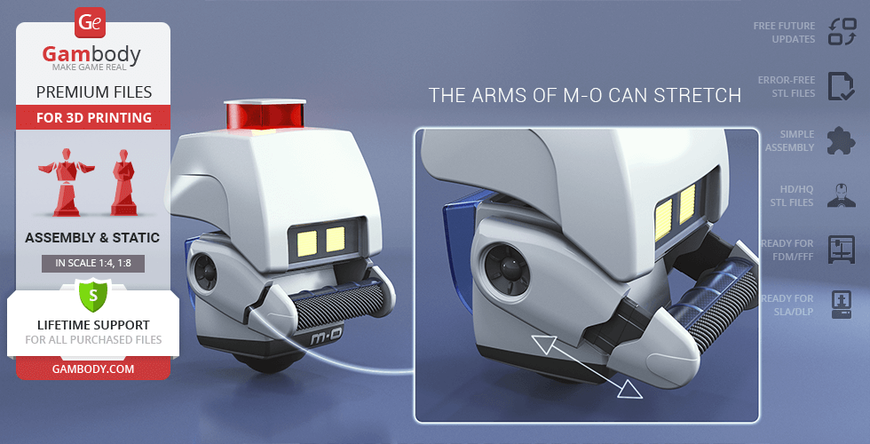 M-O character 3D model from WALL-E, showcasing stretchable arms for 3D printing by Gambody.
