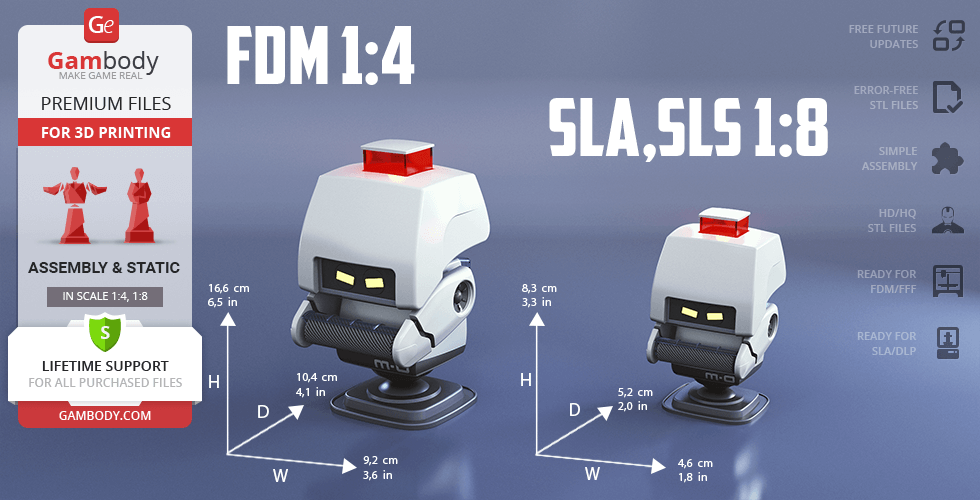 3D model of M-O from WALL-E with dimensions, ready for 3D printing in various scales and formats.