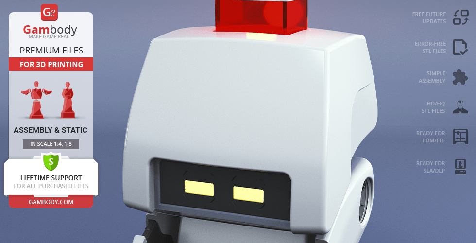 A close-up of M-O from WALL-E, showcasing a detailed 3D printable model with assembly instructions.