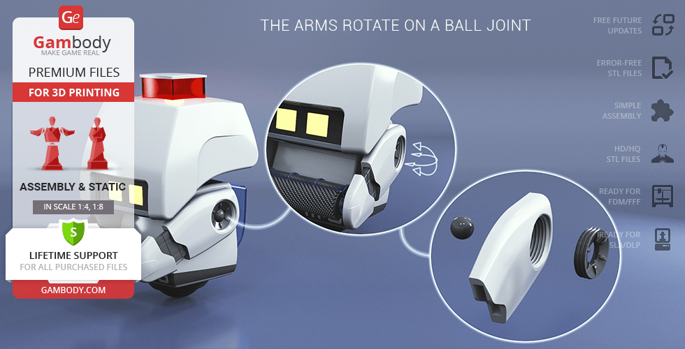 3D model of M-O from WALL-E highlighting rotatable arms with ball joints. Premium STL for printing.