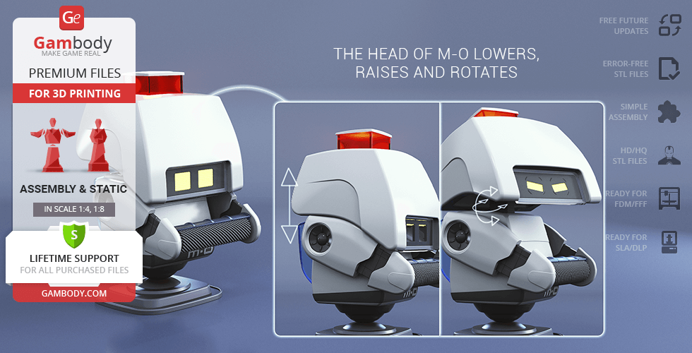 3D model of M-O from WALL-E with rotating, lowering head for 3D printing. Features simple assembly.