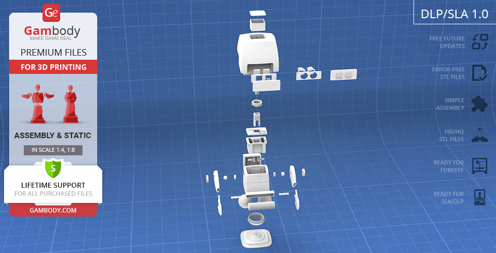 Exploded view of M-O from WALL-E, showing individual parts for 3D printing assembly.