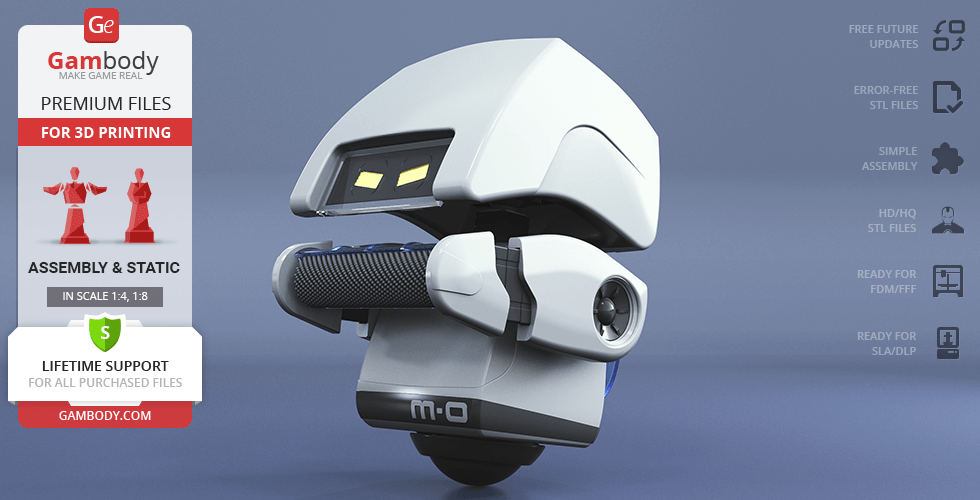 3D model of M-O from WALL-E, ready for printing, showcasing detailed design and assembly options.