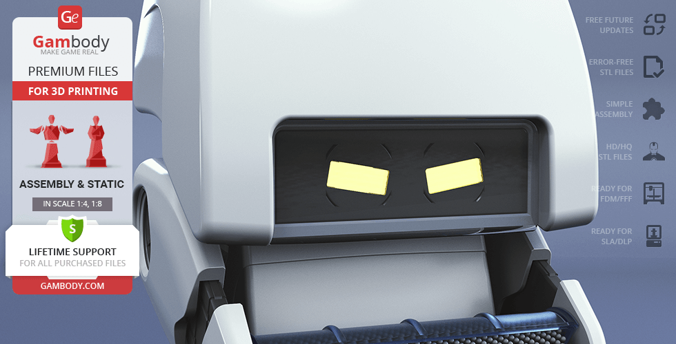 3D printable model of M-O robot character with square head and glowing eyes, inspired by WALL-E movie on Gambody.