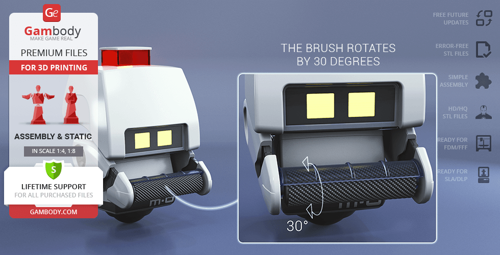3D model of M-O from WALL-E, showcasing a rotating brush feature, ready for 3D printing on Gambody.