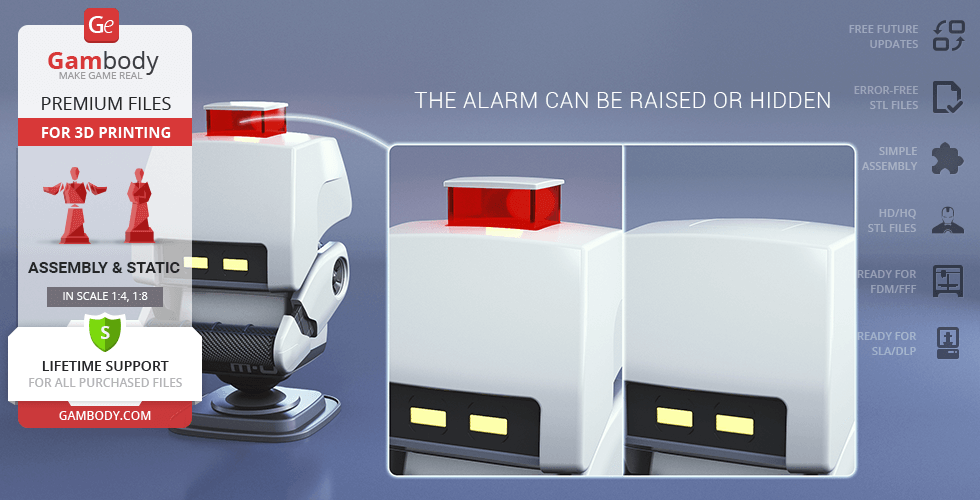 A 3D model of M-O from WALL-E, showing a detachable alarm feature, designed for 3D printing.