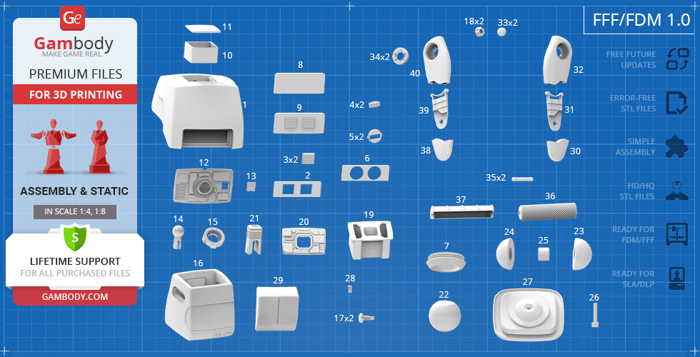 Disassembled 3D model parts for M-O from WALL-E, laid out on a blueprint background.