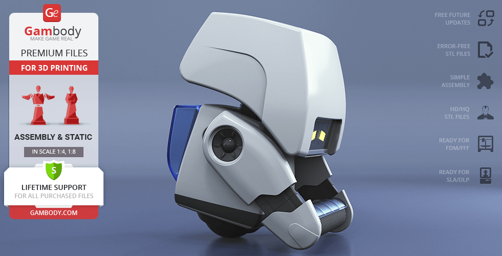 A 3D printable model of M-O from WALL-E, featuring a detailed robotic design on a Gambody promo image.
